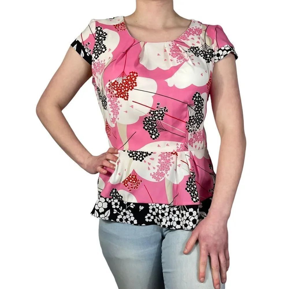 New York & Company Pink and Black Flora Top